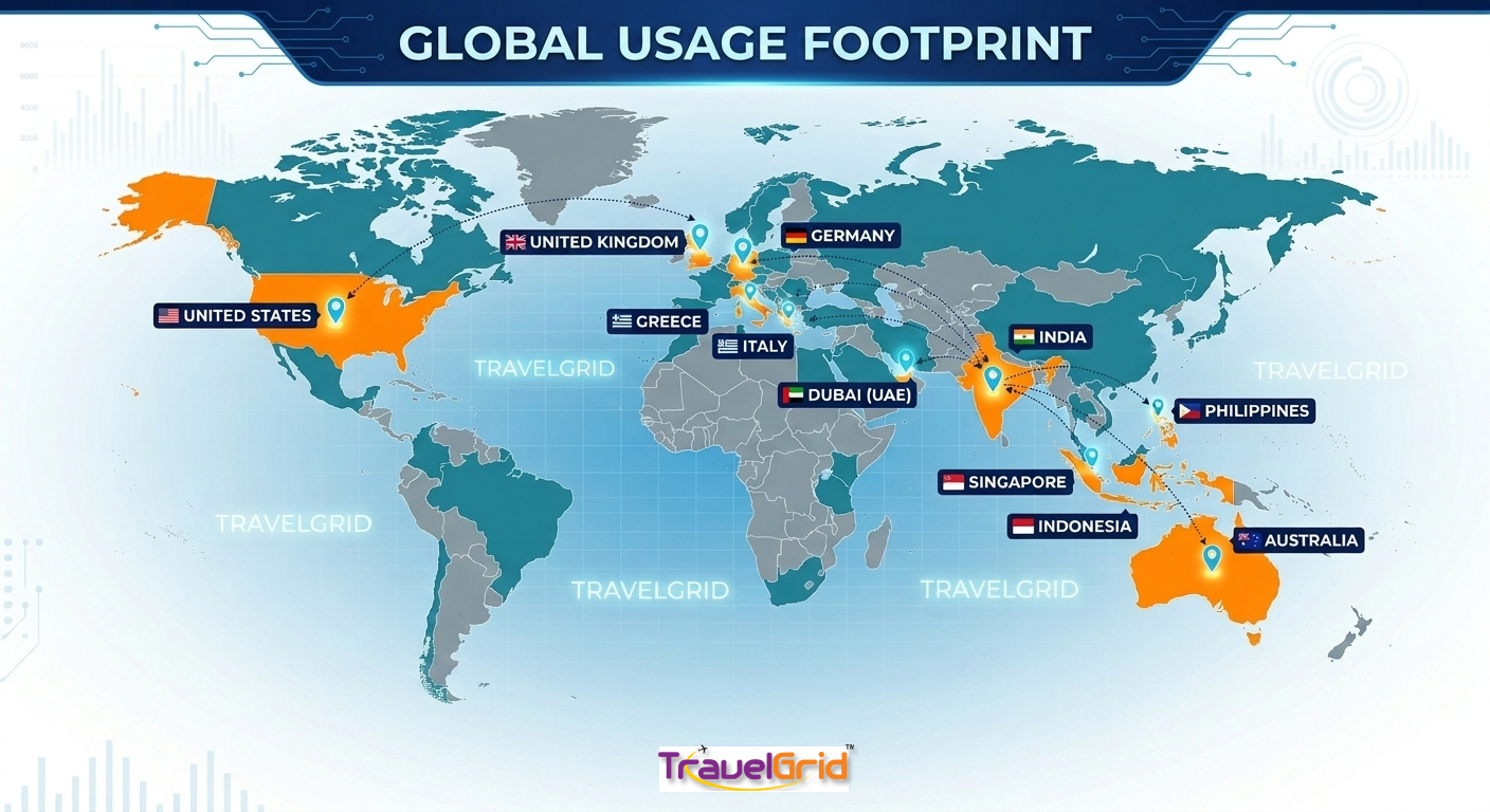 TravelGrid global usage footprint across India, United States, United Kingdom, Germany, Greece, Italy, Dubai, Singapore, Indonesia, Philippines, and Australia